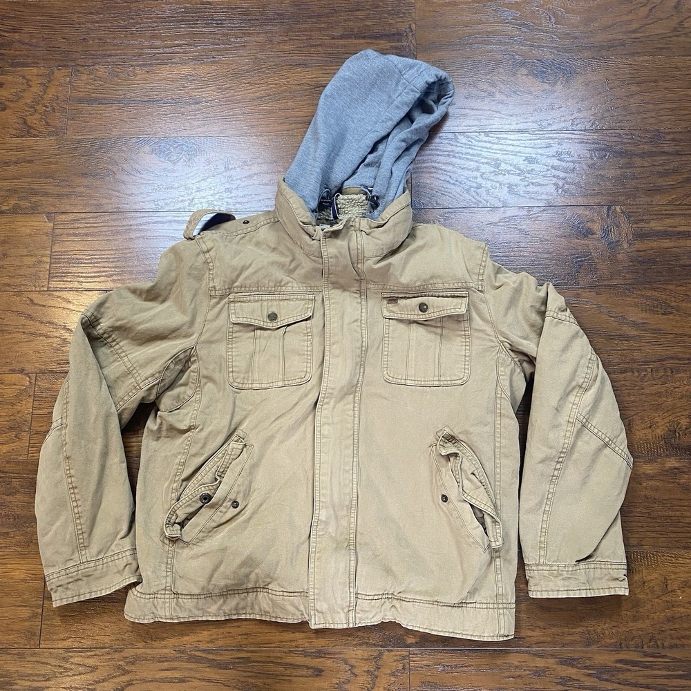 Levis Mens L Sherpa Lined Canvas Field Jacket Khaki Tan Military Utility Coat